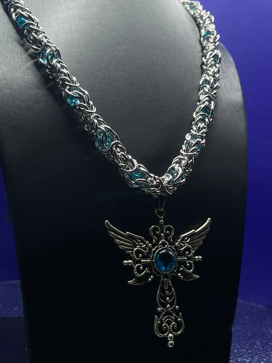 The Fallen Angel Chain — Byzantine silver and teal chain with winged gothic cross and blue gemstone pendant