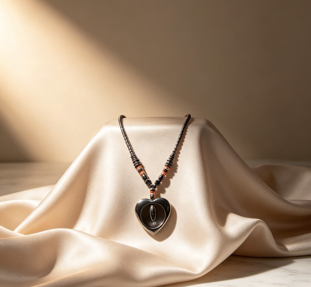 The Darkheart Pendant Necklace draped on cream silk fabric